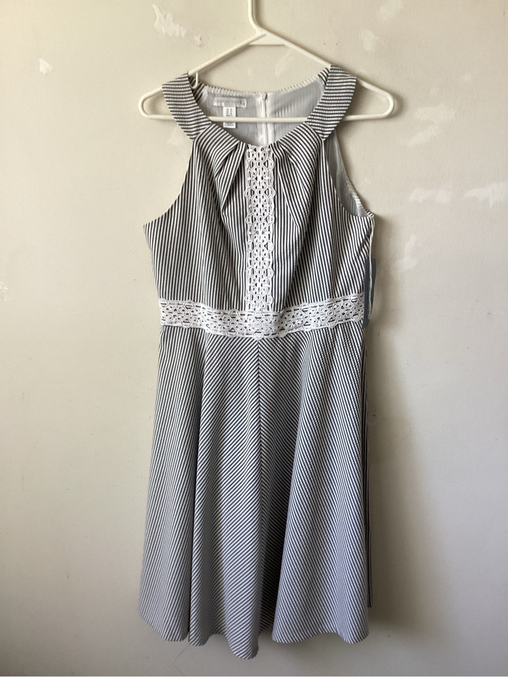 London Times Sleeveless Striped Lace-Trim Fit & Flare Dress -